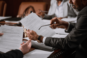 people in a meeting room holding documents